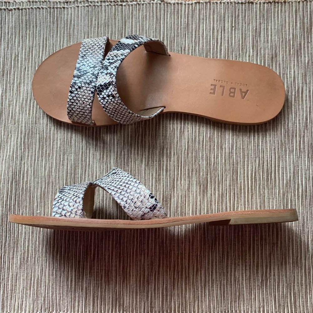 Able Women's Snake-Print Dual Strap Slide Sandals in Black, White and Tan
